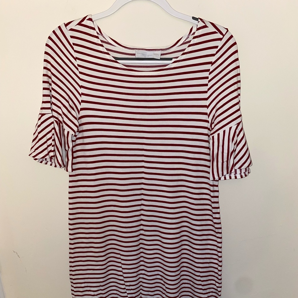 Dark Red/White Striped dress with ruffle sleeves. New York & Company Size Medium